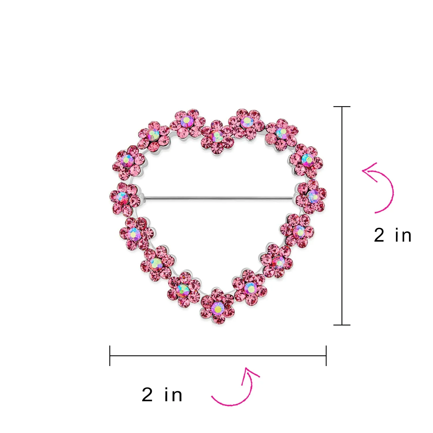 Romantic Wedding Pink Crystal Heart Flower Brooche Pin Rhodium Plated Alloy