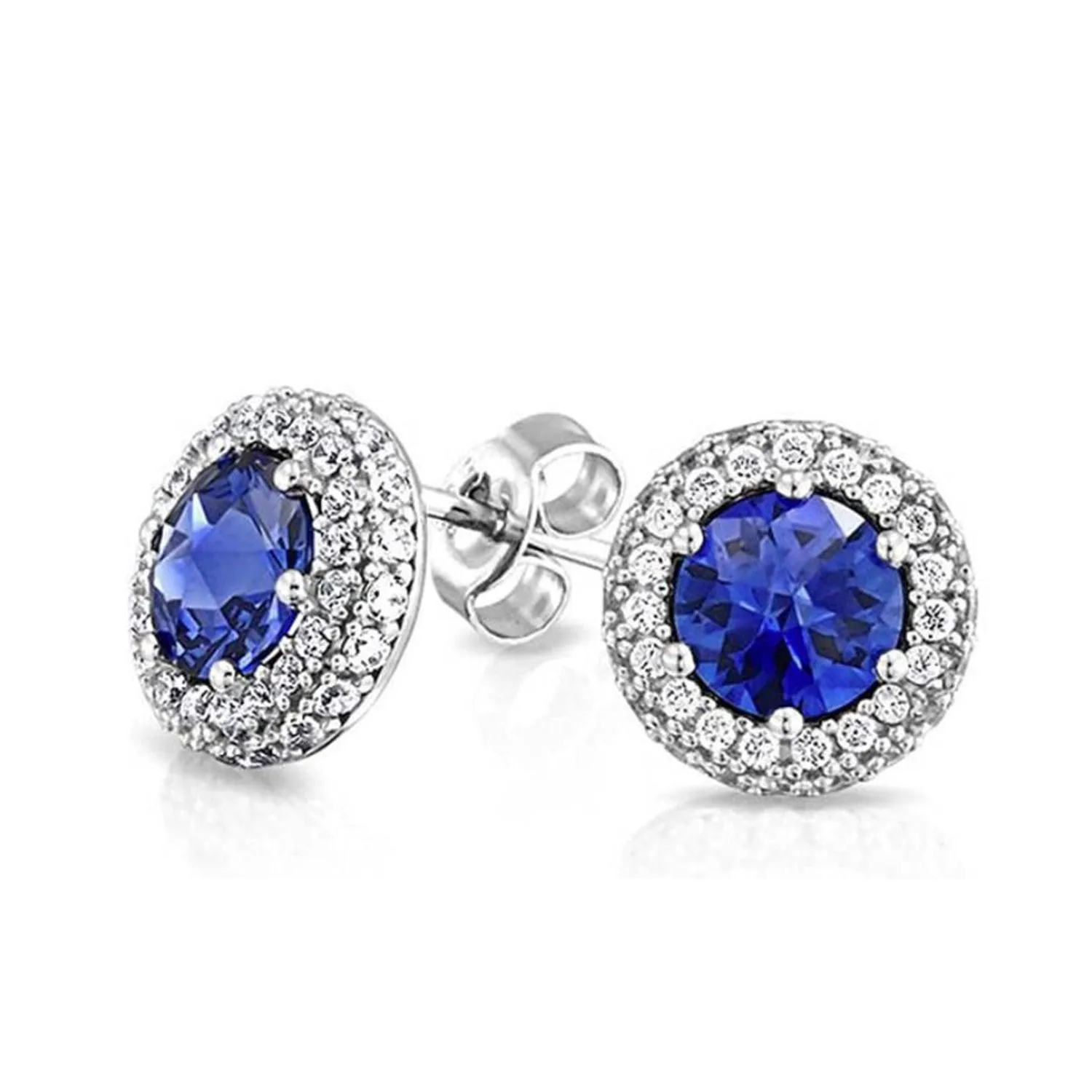 Round Halo Royal Blue 8MM Simulated Sapphire CZ Stud Earrings Sterling Silver