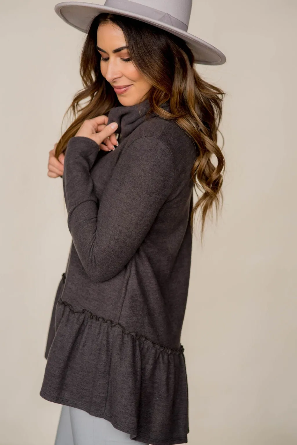 Ruffle Bottom Cowl Neck Sweater