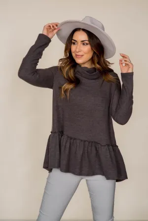 Ruffle Bottom Cowl Neck Sweater