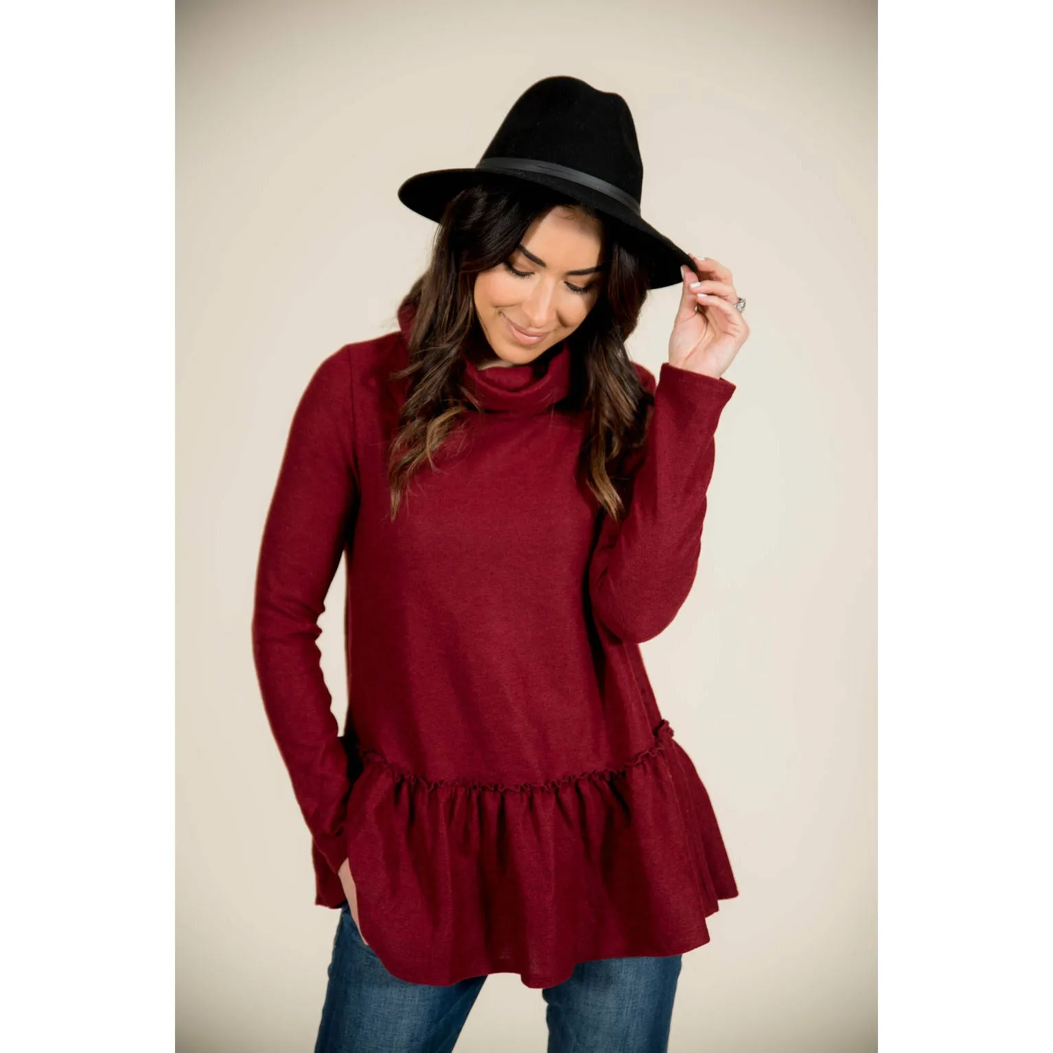 Ruffle Bottom Cowl Neck Sweater