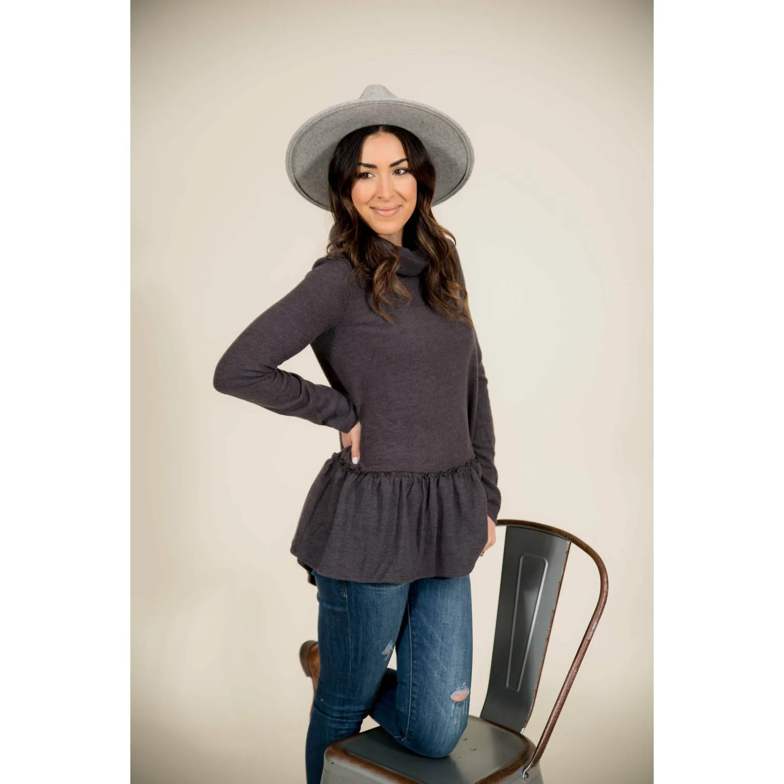 Ruffle Bottom Cowl Neck Sweater