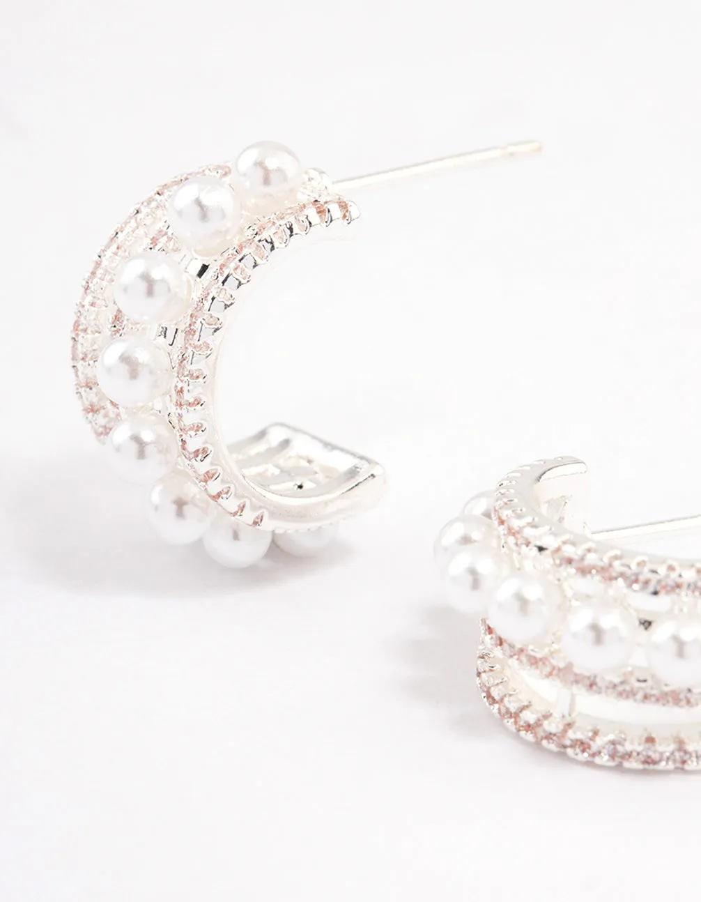 Silver Plated Cubic Zirconia Pearl Layered Small Hoop Earrings