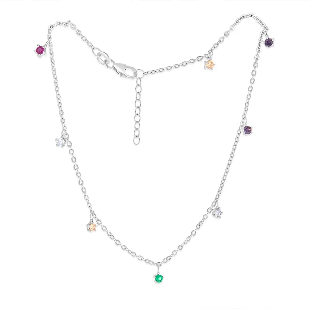 Sterling Silver Multicolor Zirconia Charm 27cm Anklet