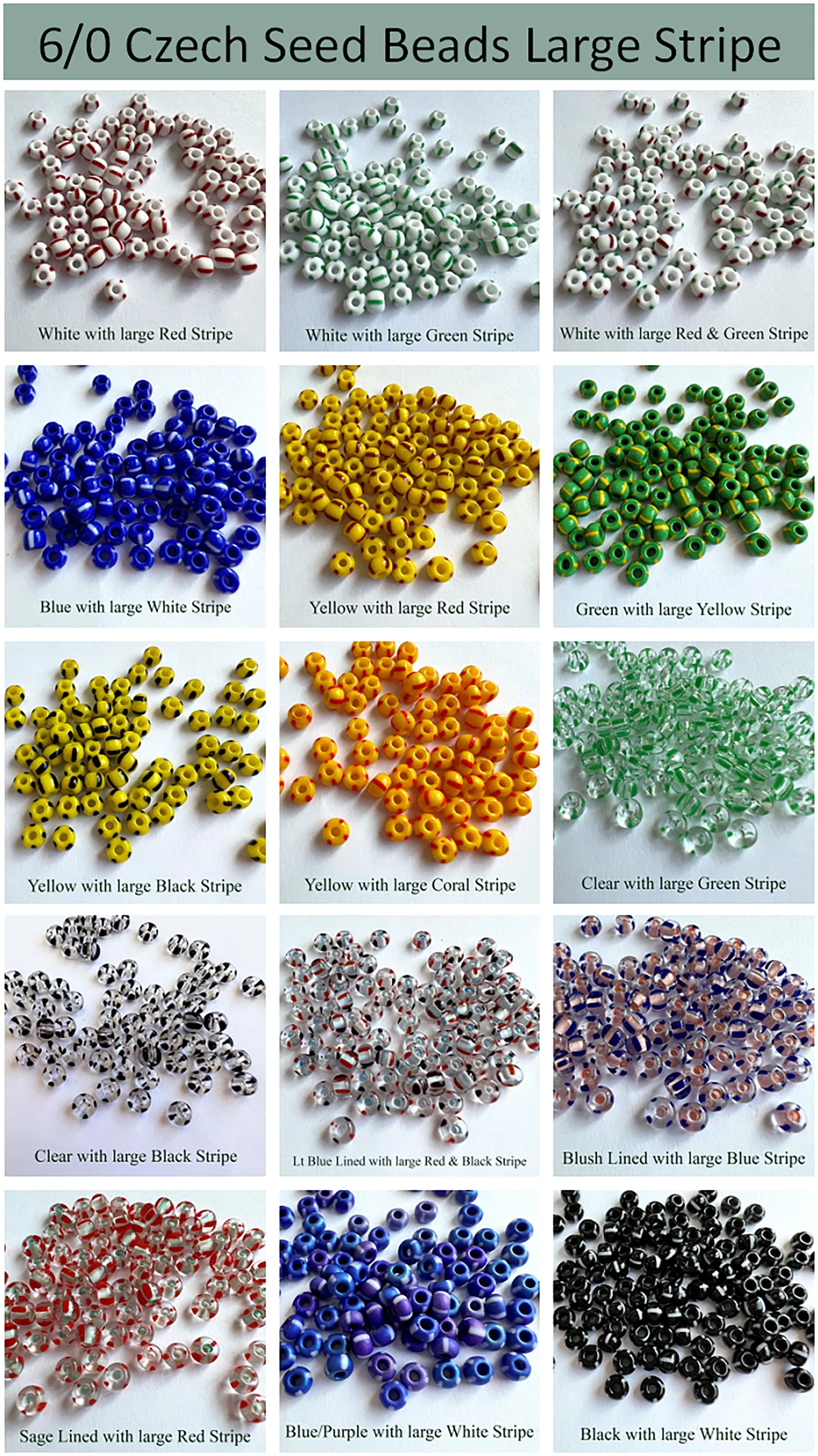 Striped Seed Beads 6/0  Large Stripe 20 gm Choose Color