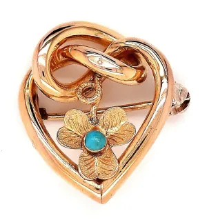 Turquoise & Gold Toned Heart & Love Knot Vintage Brooch with Floral Centre