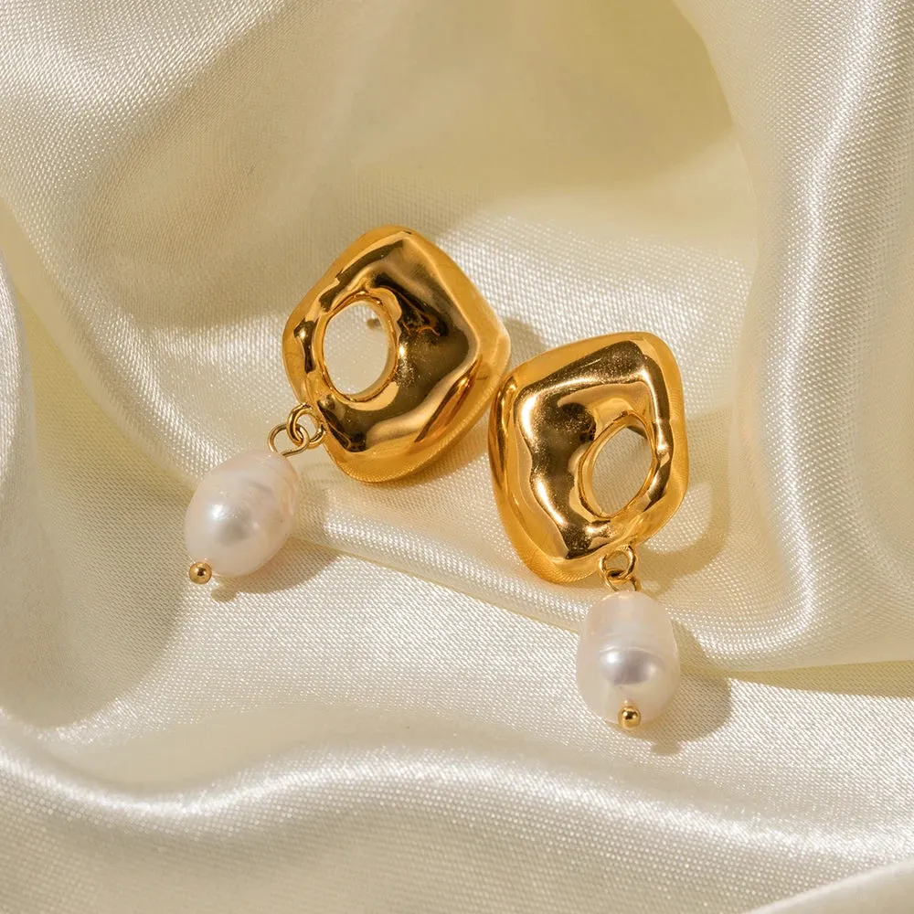 VAIGE Elegant Gold & Pearl Drop Earrings in 18K Stainless Steel